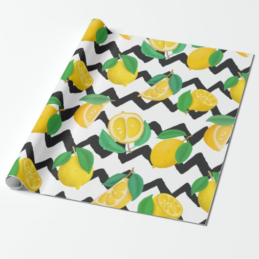 Lemons en bladeren met zwarte Chevron Cadeaupapier (Uitgerold)