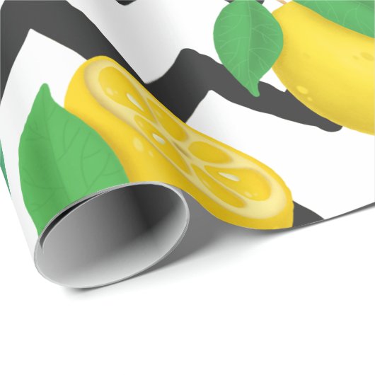 Lemons en bladeren met zwarte Chevron Cadeaupapier (Rol Hoek)