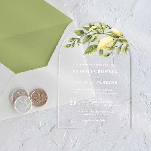 Lemons en bladeren waterverf botanische bruiloft acryl uitnodigingen