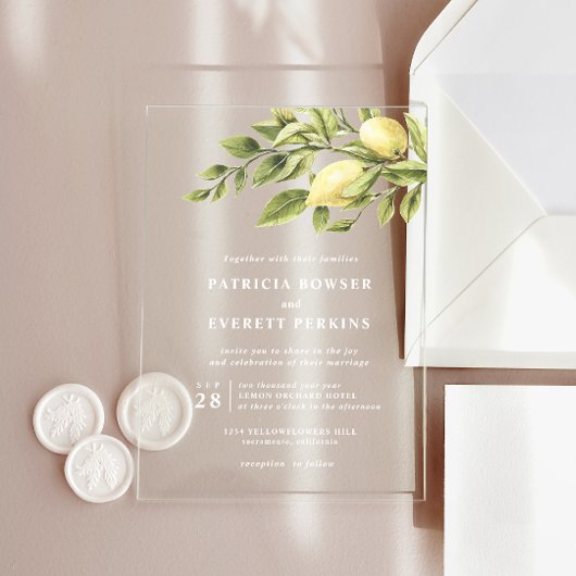 Lemons en bladeren waterverf botanische bruiloft acryl uitnodigingen