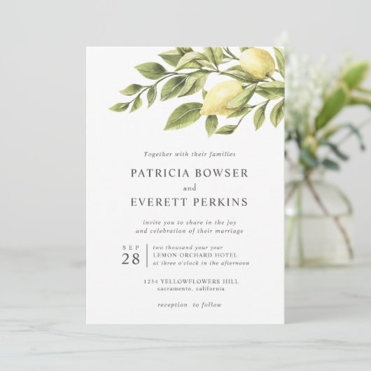 Lemons en bladeren waterverf botanische bruiloft kaart (Staand voorkant)