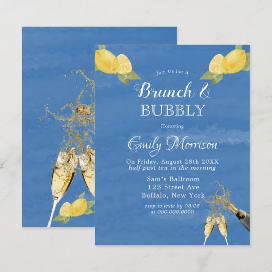 Lemons en blauwe Waterverf Brunch & Bubble Kaart (Voorkant / Achterkant)