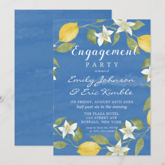 Lemons en Blue Waterverf Engagement Party Kaart (Voorkant / Achterkant)