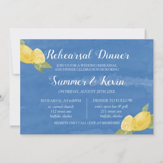 Lemons en Blue Waterverf Rehearsal Dinner Kaart (Voorkant)