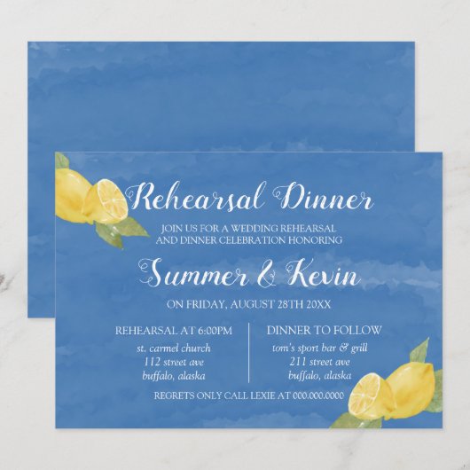Lemons en Blue Waterverf Rehearsal Dinner Kaart (Voorkant / Achterkant)