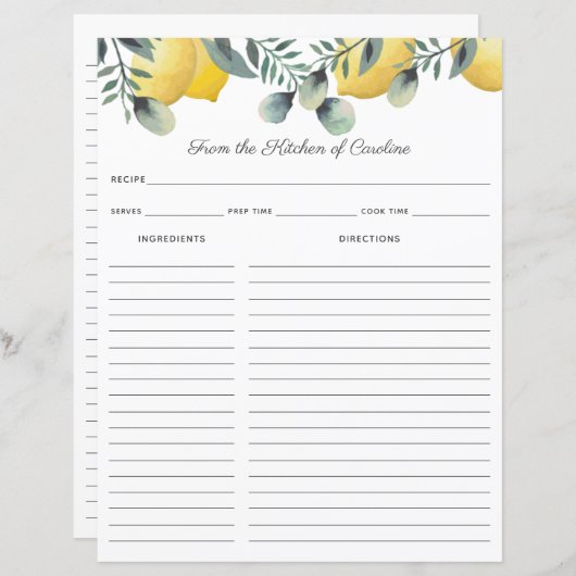 Lemons en Eucalyptus Recipe Kaart Multomap Invoege (Voorkant / Achterkant)