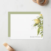 Lemons en Foliage Sage green Girly Waterverf Notitiekaartje (Voorkant / Achterkant in situ)