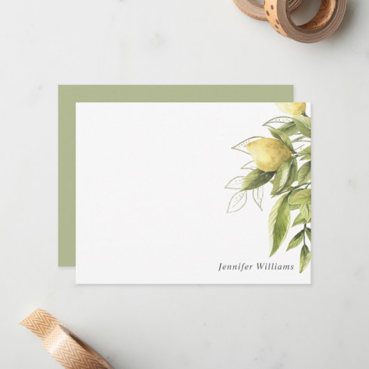 Lemons en Foliage Sage green Girly Waterverf Notitiekaartje (Voorkant / Achterkant in situ)