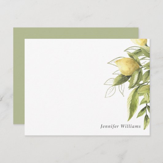 Lemons en Foliage Sage green Girly Waterverf Notitiekaartje (Voorkant / Achterkant)