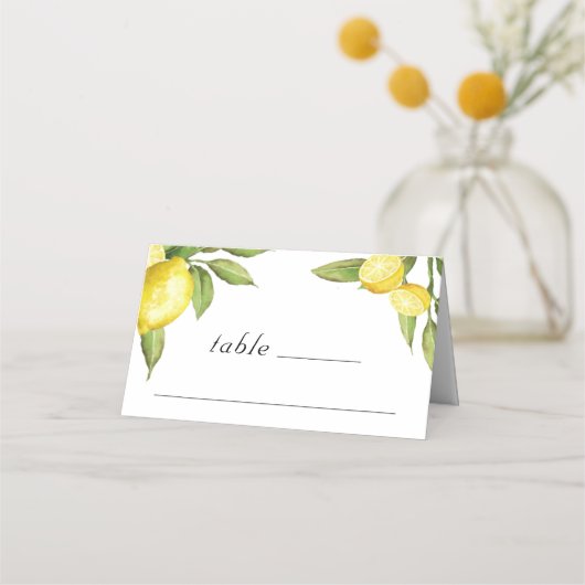 Lemons en Greenery Blossom Wedding Plaatskaartje (Voorkant)