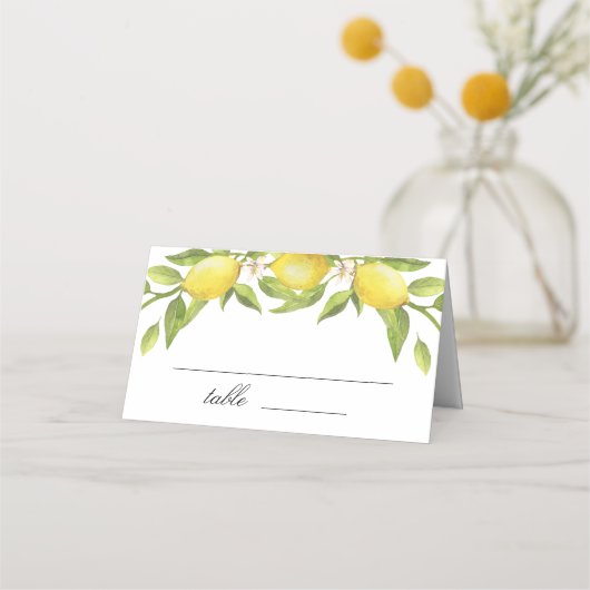 Lemons en Greenery Blossom Wedding Plaatskaartje (Voorkant)