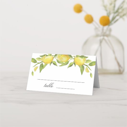 Lemons en Greenery Blossom Wedding Plaatskaartje (Voorkant)