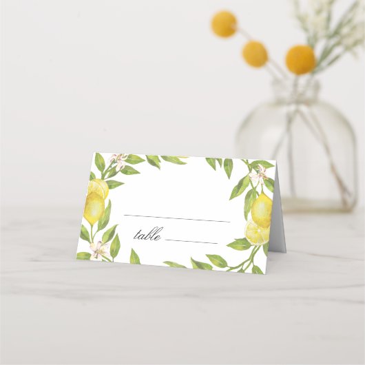 Lemons en Greenery Blossom Wedding Plaatskaartje (Voorkant)