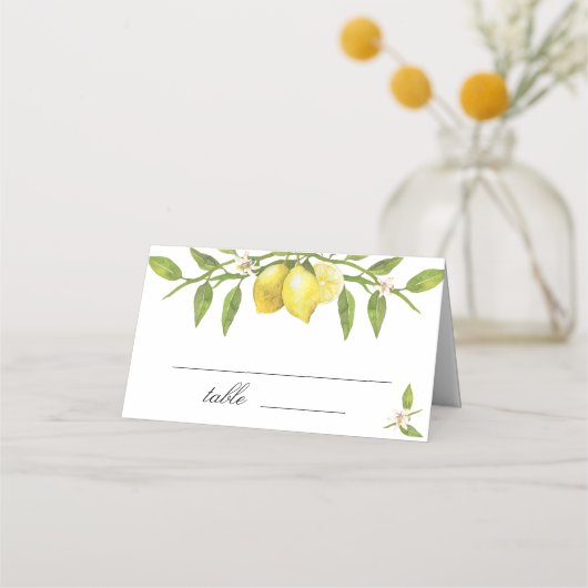 Lemons en Greenery Blossom Wedding Plaatskaartje (Voorkant)