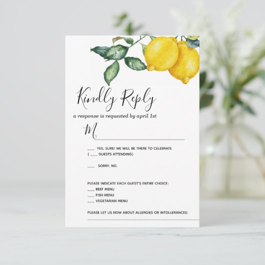 Lemons en Greenery Wedding RSVP-kaart Kaart (Staand voorkant)