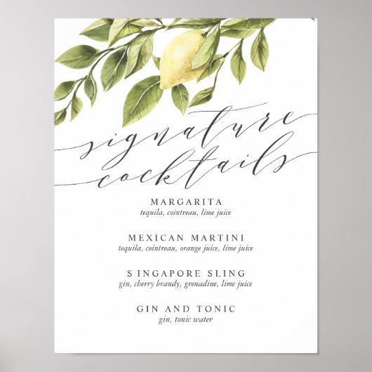 Lemons en Leaves Signature Cocktail Menu V2 Sign Poster (Voorkant)