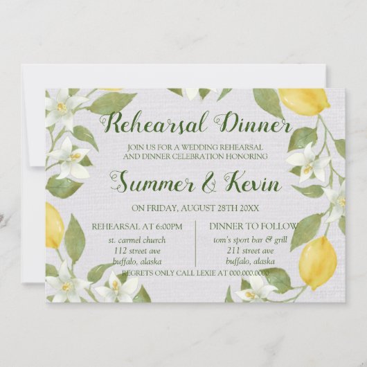 Lemons en Linen Waterverf Rehearsal Dinner Kaart (Voorkant)