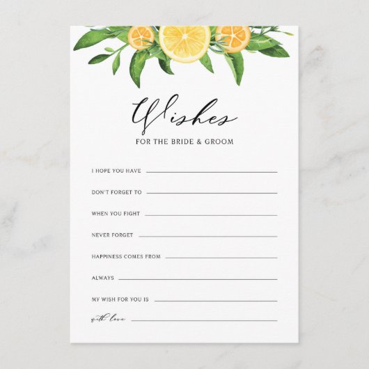 Lemons en Sinaasappels wensen voor de bruid en de  Informatiekaartje (Voorkant)