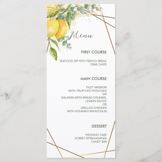 Lemons Eucalyptus Faux Gold Foil Lijst Weddenschap Menu (Voorkant)