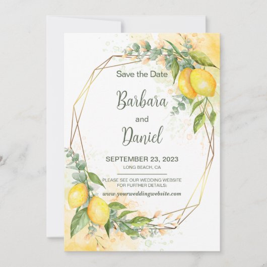Lemons Eucalyptus Yellow Flowers Save the Date (Voorkant)