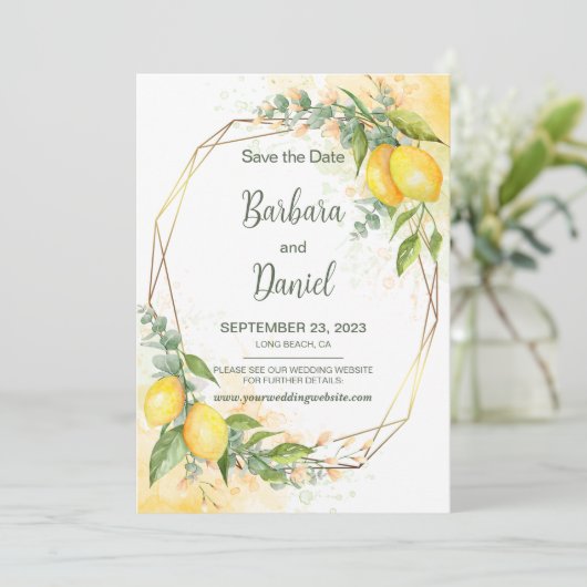 Lemons Eucalyptus Yellow Flowers Save the Date (Staand voorkant)