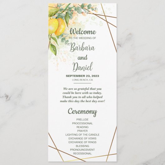 Lemons Eucalyptus Yellow Flowers Weddenprogramma Programmakaart (Voorkant)
