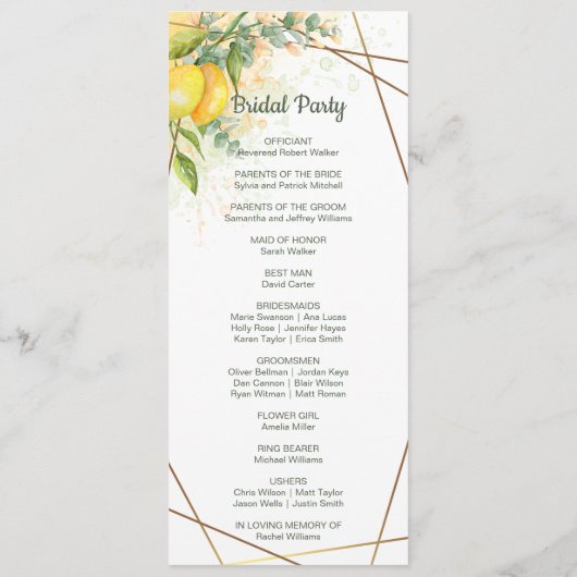 Lemons Eucalyptus Yellow Flowers Weddenprogramma Programmakaart (Achterkant)