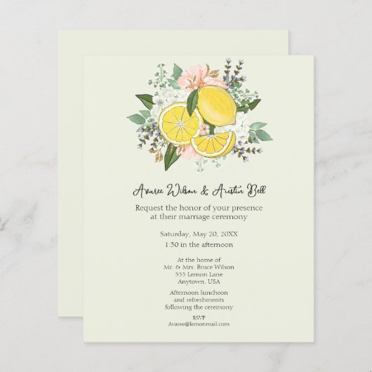 Lemons Flowers en Greenery Wedding Invitation (Voorkant / Achterkant)