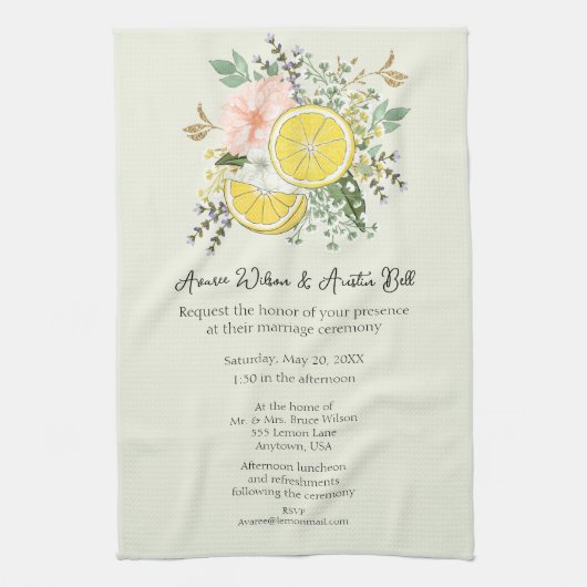 Lemons Flowers en Greenery Wedding Invitation Theedoek (Verticaal)