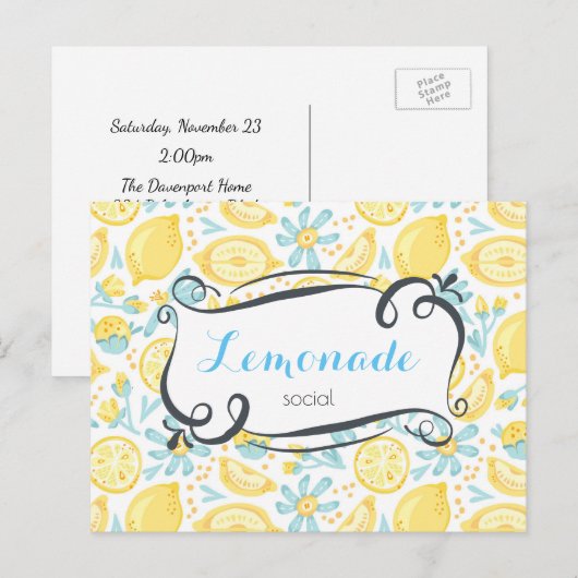 Lemons & Flowers Pattern Lemonade Social Invite Uitnodiging Briefkaart (Voorkant / Achterkant)
