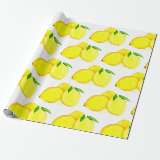 Lemons Geel fruitpatroon Waterverf Rustisch Cadeaupapier (Uitgerold)