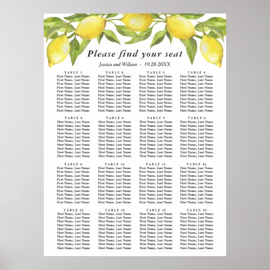 Lemons & Greenery 16 Tables Wedding SEATING CHART Poster (Voorkant)