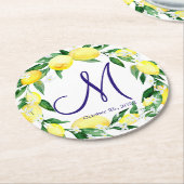 Lemons Greenery Blossom Monogram Ronde Kartonnen Onderzetter (Gebogen)
