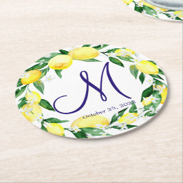Lemons Greenery Blossom Monogram Ronde Kartonnen Onderzetter