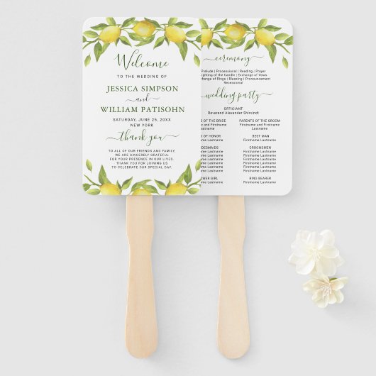 Lemons Greenery Blossom Wedding Program Hand Fan Handwaaier (Voorkant en achterkant)