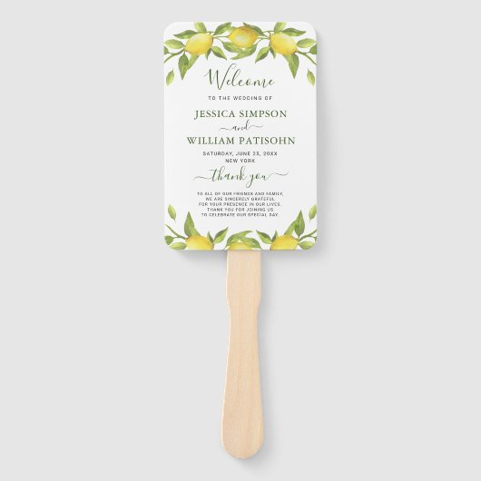 Lemons Greenery Blossom Wedding Program Hand Fan Handwaaier (Voorkant)