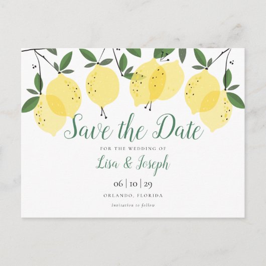Lemons Greenery Elegant Save the Date Aankondigingskaart (Voorkant)