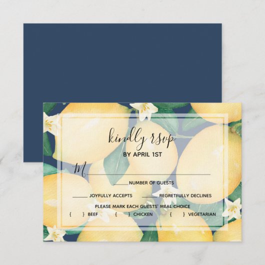 Lemons Greenery over Navy Blue RSVP Kaartje (Voorkant / Achterkant)