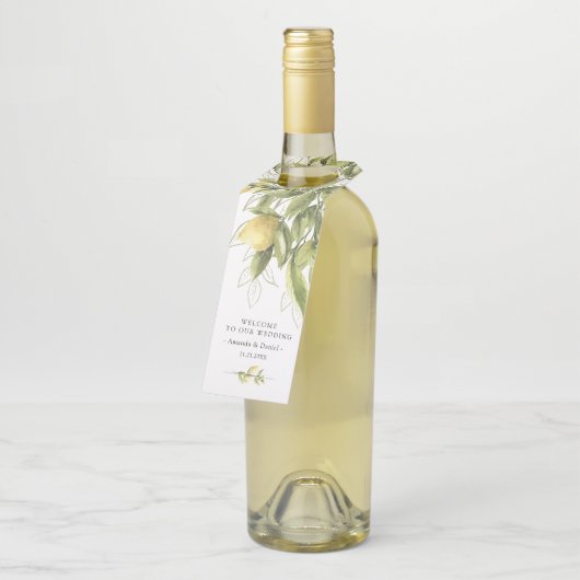 Lemons Greenery Rustic Wedding Bottle Hanger Label (Schuin)
