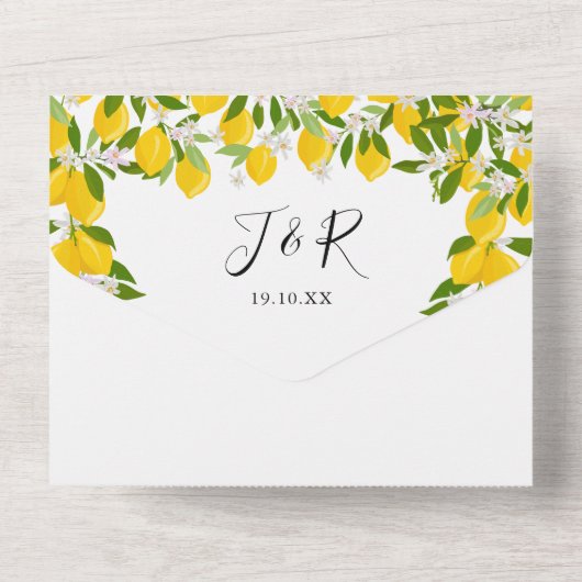 Lemons Greenery Script Monogram Weddenschap All In One Uitnodiging (Achterkant)