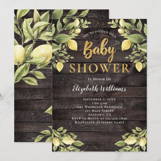 Lemons Greenery Wood Waterverf Baby shower Kaart (Voorkant / Achterkant)