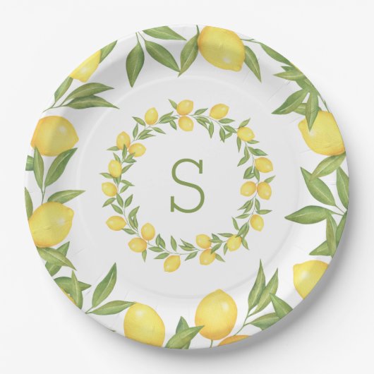 Lemons Groene Monogram Elegant Papieren Bordje (Voorkant)