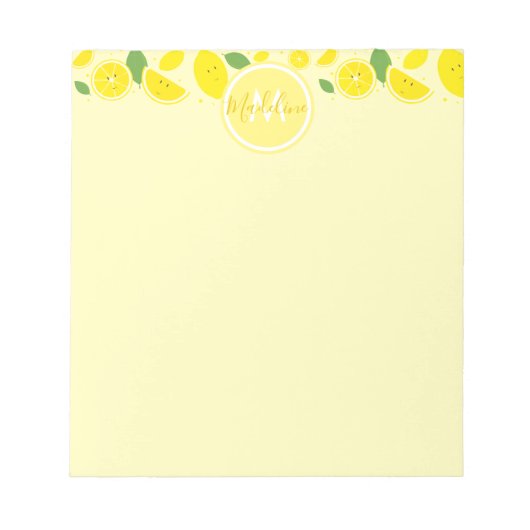 Lemons Leaf Pattern Monogram Naam Geel Notitieblok (Voorkant)