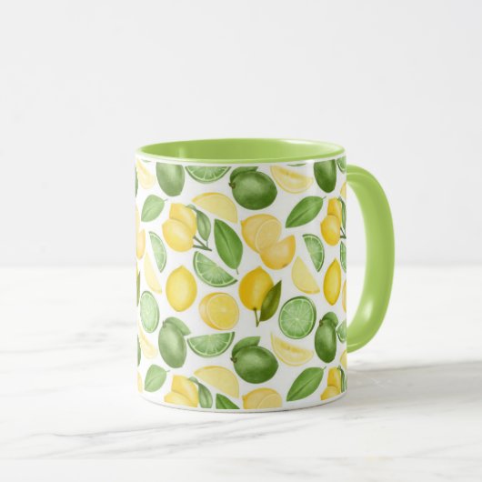 Lemons Limes Leaves Pattern Green Coffee Mok (Voorkant rechts)