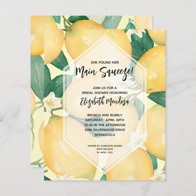Lemons Main Squeeze Bridal Shower Invitations (Voorkant / Achterkant)