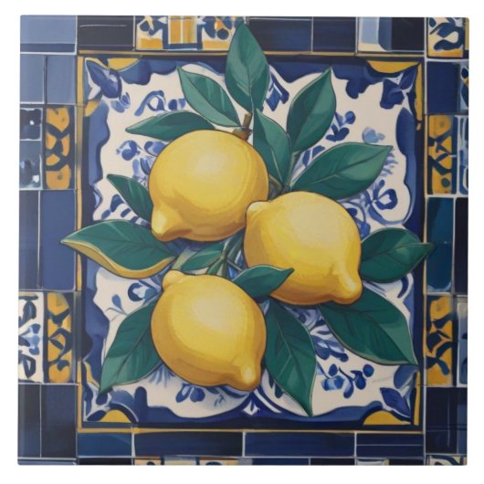 Lemons Mediterranean Dark Blue and Golden Yellow Tegeltje (Voorkant)