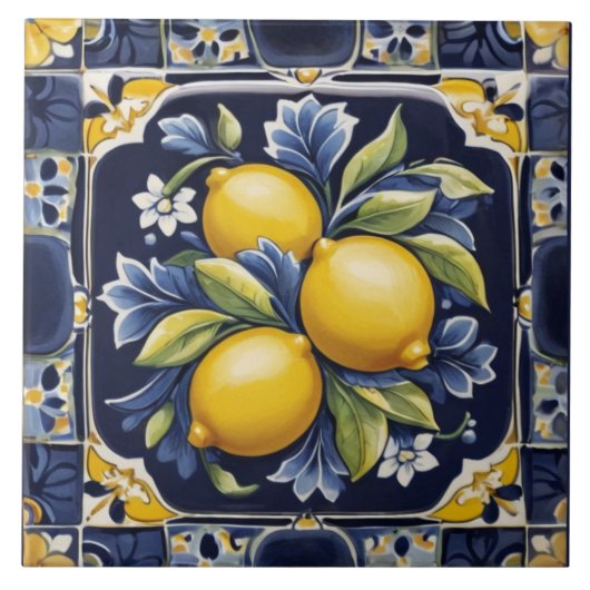 Lemons Mediterranean Dark Blue Italian Folk Art Tegeltje (Voorkant)