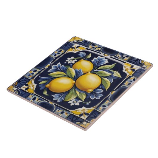Lemons Mediterranean Dark Blue Italian Folk Art Tegeltje (Zijkant)