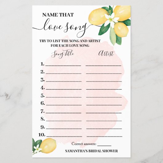 Lemons Name dat Love Song Pink Shower Game Kaart (Voorkant)