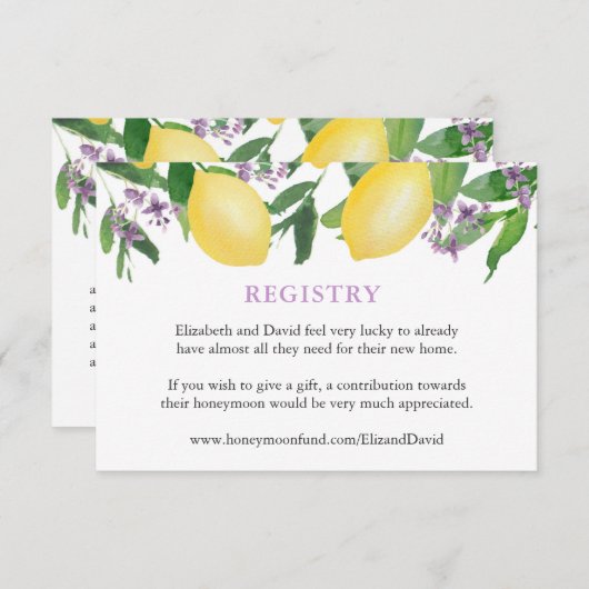 Lemons Paarse Vrijgezellenfeest Registry of Detail Informatiekaartje (Voorkant / Achterkant)